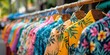 Row of Colorful Shirts on Wooden Rack