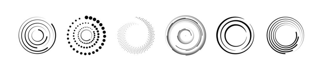 Wall Mural - Halftone circular dotted frames set. Set of black thick halftone dotted speed lines. Speed lines in circle form. Geometric art. Vector