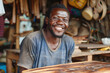 Artisan's Joyful Expression in Woodworking Shop