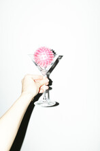 Neon Pink Spike Ball On Clear Martini Cocktail Glass & Hard Flashlight