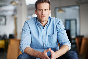 Poster - Portrait, serious and designer with office, workspace and happiness for creative agency. Man, startup and leader with focus, positivity and confidence with mission and proud career satisfaction