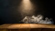 Ghostly Glimmer: Dark Background with Wooden Table and Smoke