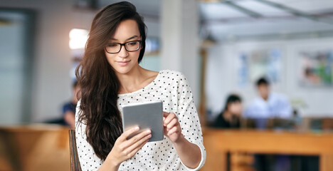 Aufkleber - Working, tablet and thinking or business work, online search and digital design on technology. Project research, social media and network website, professional female person and reading vlog or email