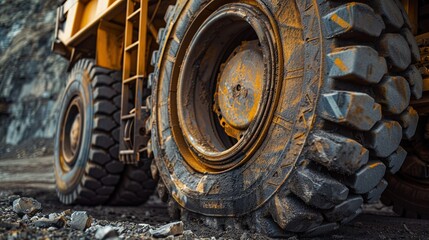Wall Mural - A close-up shot of a large yellow truck tire in an open-pit mining area. The photo was taken at a low angle. The background of freight transportation in the mining area.