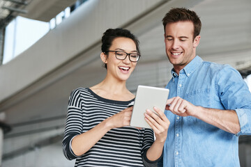 Poster - Happy people, creative and browsing with tablet for research, social media or communication at office. Man and woman with smile on technology or scrolling for online search or startup at workplace