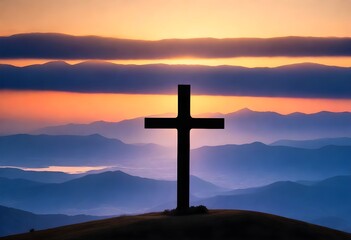 Silhouette of a cross on a hilltop with the sun setting behind it