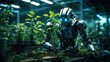 Growing and studying plants by robot in laboratory. Science, environment, bioengineering and biotechnology innovation. Agriculture technology of the future.