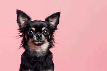 Sticker - studio portrait of black and brown chihuahua dog looking forward and standing against a pink background