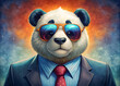 Cool panda in shades and suit with tie, stylish feline fashion