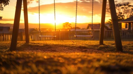 Wall Mural - Empty swings at sunset with glowing orange sky in peaceful playground setting