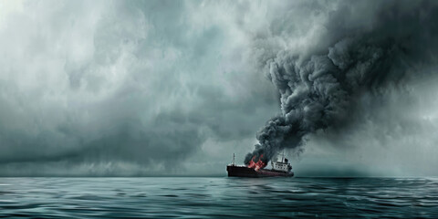  Ship Ablaze at Sea