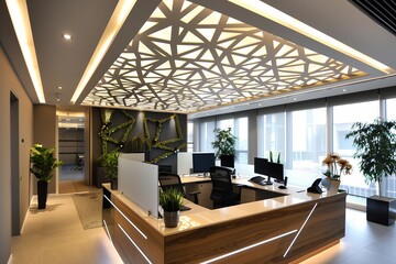 Geometric Patterned Ceiling with Accent Lighting in a Contemporary Office