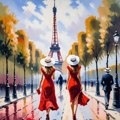 Wall Mural - Rear view of two women wearing red dress walking in Paris. Illustration