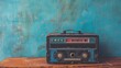Cassette tape recorder, retro classic from the 80s, on wooden table. Blue wall backdrop. Vintage, filtered image.
