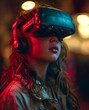A child figure is fully immersed in a digital realm, virtual reality gamer, wearing a VR headset. Photo of a girl wearing a leather jacket and virtual reality headset and headphones.
