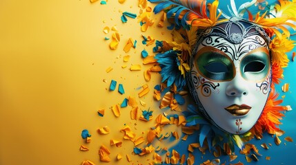 Wall Mural - Multicolored carnival mask banner, solid color background with space for text  generative ai images