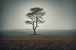 A lone tree standing in a field on a foggy day.