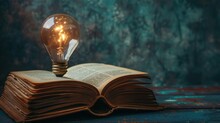 Light Bulb And Opened Vintage Book Style Dark Background. Knowledge, And Searching For New Ideas