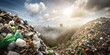 Panoramic view of a cityscape overlooked by massive mounds of recyclable waste under a dramatic sky