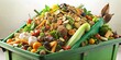 Vibrant compost container filled to the brim with assorted organic kitchen scraps for recycling