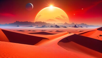 Surreal alien landscape with red sand dunes under a large sun with two moons in the sky, depicting a science fiction or fantasy scene on an extraterrestrial planet.