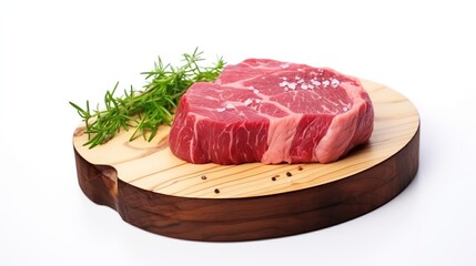 Wall Mural - Fresh raw beef steak with rosemary on a wooden cutting board isolated on white background.