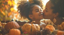 A Woman And Child Kissing Each Other In Front Of A Bunch Of Pumpkins, AI