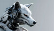 futuristic AI robot with head of wolf,on a gray background, symbolizing strength and intelligence, blending the power of technology with the majesty of animal kingdom, perfect for innovative concepts