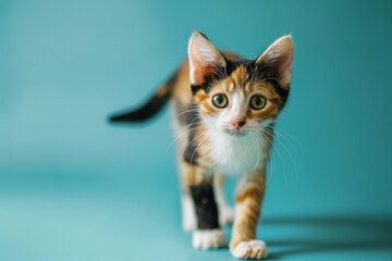 Poster - A kitten with black and white fur is walking on a blue surface