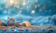 Shells and starfish dot the sandy floor creating a scene of serene and magical beauty in the underwater landscape. Underwater scene concept with bokeh light in blue water.