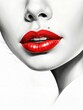 Drawing of a woman's face with beautiful red female lips, cosmetology concept, beauty and glamor sphere.