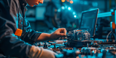 Wall Mural - Focused engineering A technician assembles intricate parts, with a laptop in the background. Cool blues and oranges, capturing concentration and innovation.