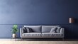 Modern living room interior with navy blue wall and large sofa.