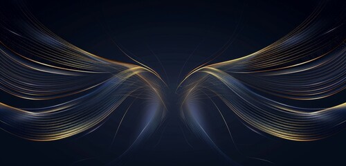 Wall Mural - Dark blue background with golden lines in the shape of wings, an elegant abstract background for presentation design and graphic elements Generative AI