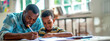 An adult black male father helps his boy son do his homework at the table in a bright room. Relationship between parents and children. Home online learning. Banner. Copy space