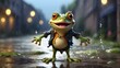A cartoonish frog with a mischievous grin, dancing in the rain with its webbed feet splashing in the puddles.