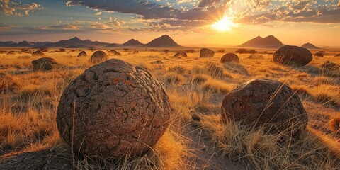 Canvas Print - Round large stones in the savannah at sunset , Namibia, Africa, background, wallpaper.