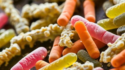 Canvas Print - A pile of different colored and shaped gummy worms on a table, AI