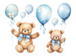 Set of watercolor teddy bears with balloon and flowers decoration vector illustrations for birthday party, kids book, sticker, fabric t-shirt, wall art, sticker