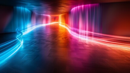 Poster - A long hallway with colorful lights and a light trail. Generative AI.