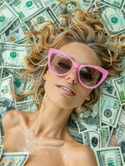 Sticker - A woman in sunglasses laying on a pile of money. Generative AI.