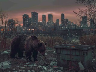 Canvas Print - A bear walking through a city with trash and buildings in the background. Generative AI.