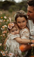 Sticker - A man and two girls in a field of flowers. AI.