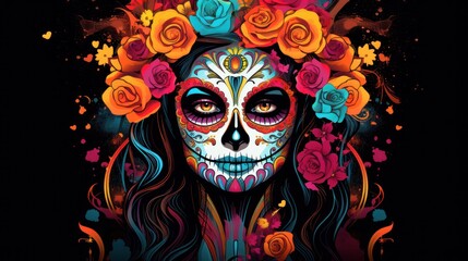 Wall Mural - Elegance in strokes and lines-woman with intricate sugar skull makeup, an artistic ode to the beauty of Mardi Gras.