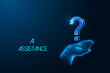AI assistant, virtual assistance futuristic concept with hand holding question mark on blue