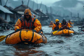 Poster - A teamwork approach in disaster preparedness, with communities and government agencies collaborating to develop plans and response strategies. Concept of disaster cooperation. Generative Ai.