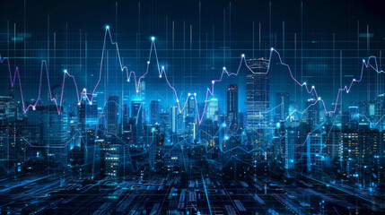 Poster - Urban financial pulse with glowing graphs