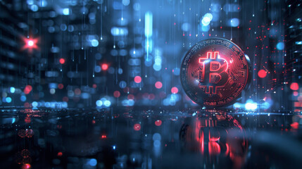 Aufkleber - Digital illustration of a glowing bitcoin symbol with financial data backdrop