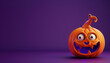 cartoon pumpkin with a scary face and curved stem on purple