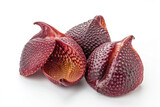 A close-up view of fresh salak (snake fruit), with one peeled, revealing the juicy interior. Isolated on a white background.
